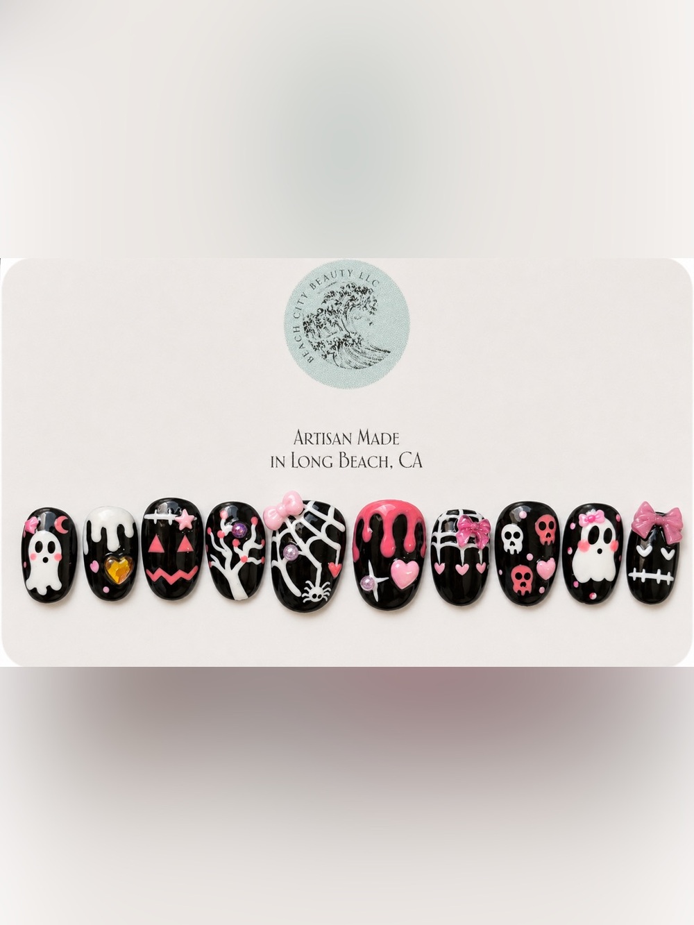 Large Halloween Ghost Press On Nails | Pink Black Spooky Kawaii Gel Reusable
